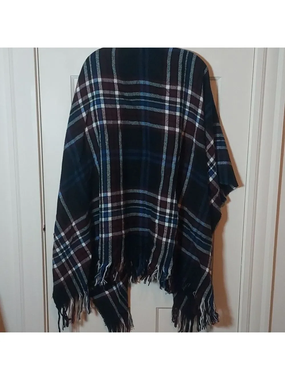 LOFT Outlet Black Blue Checkered Fringe Poncho One Size